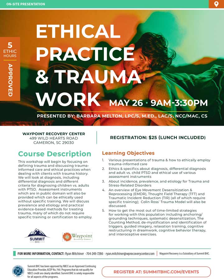 Ethical Practice & Trauma Work - In-Person Event at Waypoint Recovery Center - May 26, 2022