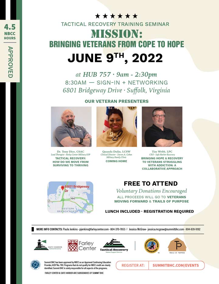 Tactical Recovery Training Seminar - Mission: Bringing Veterans from Cope to Hope - In-Person Event - June 9, 2022